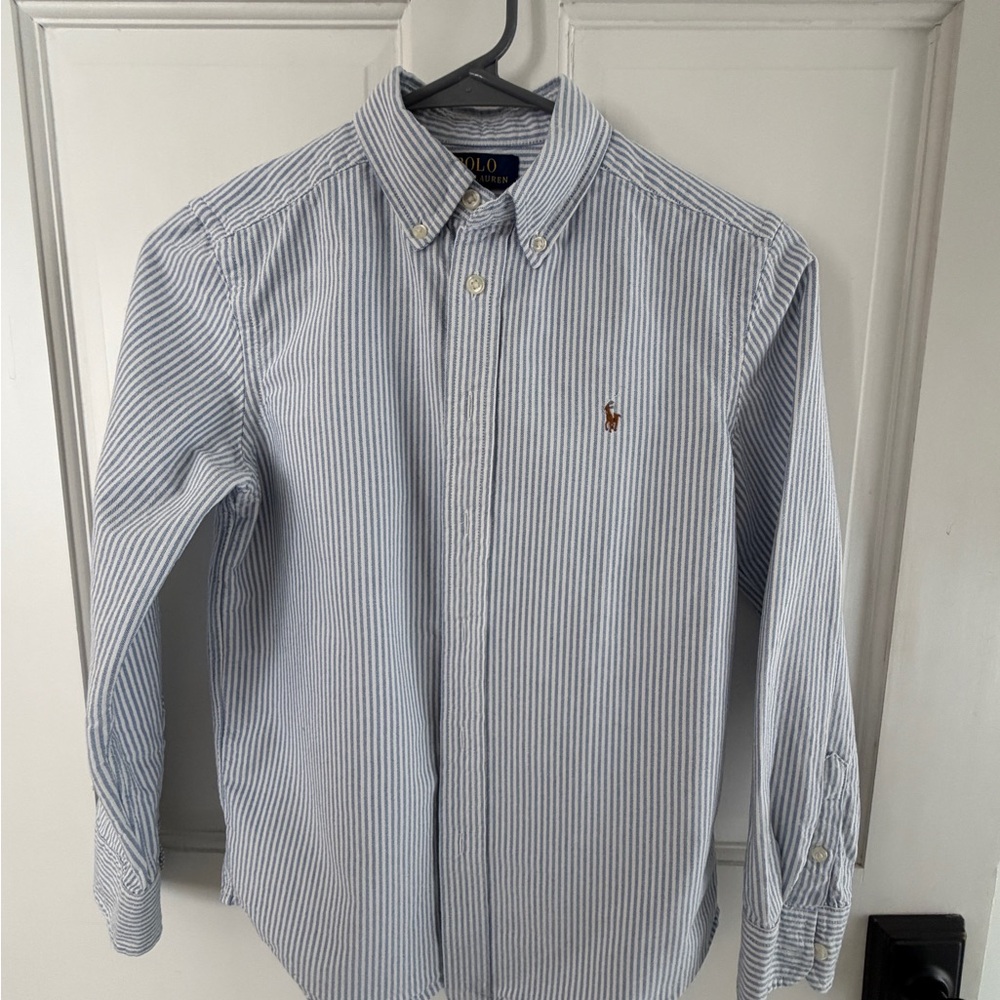 Boys Polo by Ralph Lauren White and Blue Pinstripe Shirt size medium